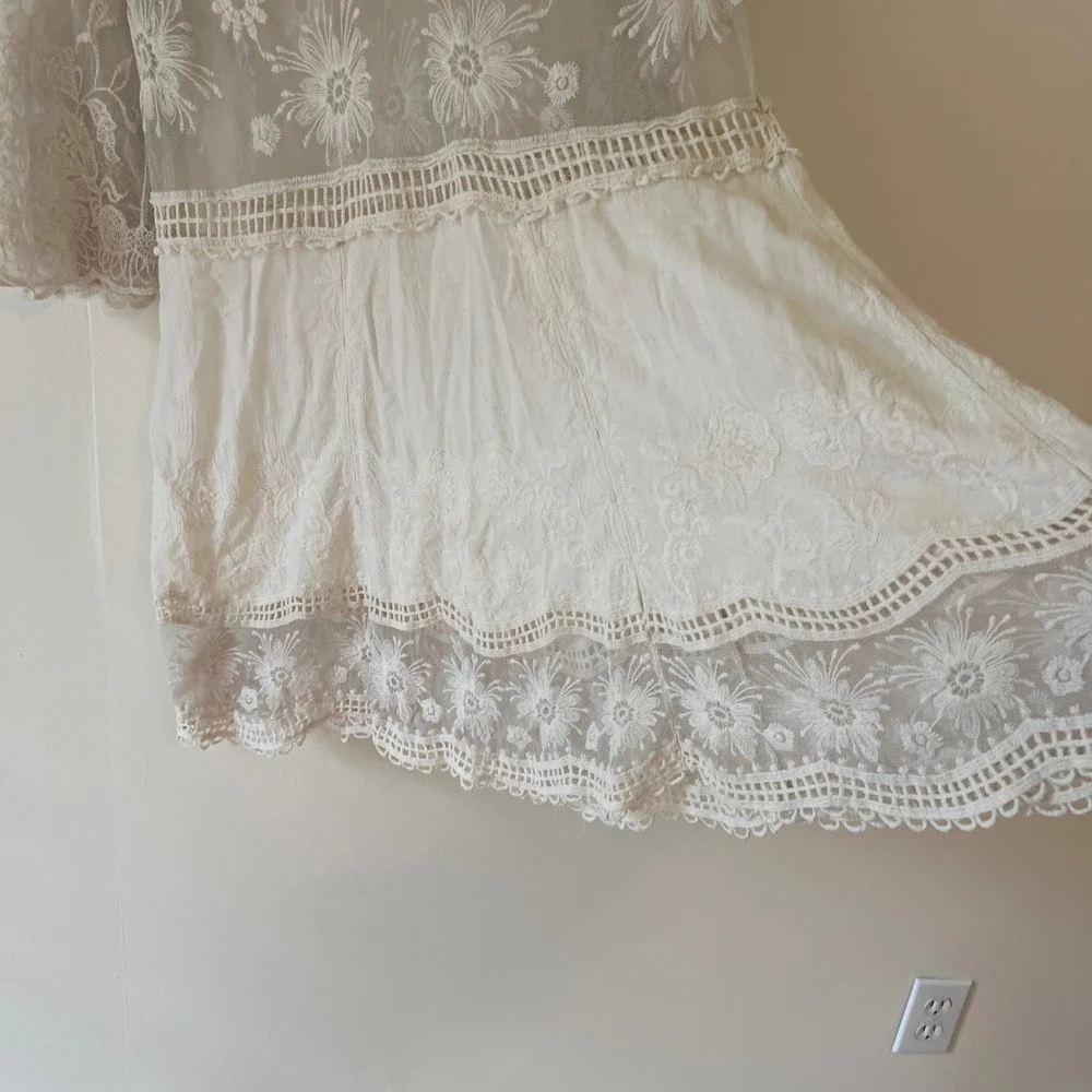 White Floral Lace Crochet Small Beach Cover Up Sheer Boho Mini Dress Festival